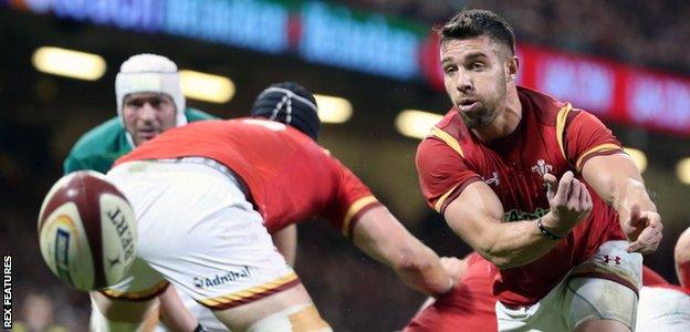 Rhys Webb spins the ball out for Wales