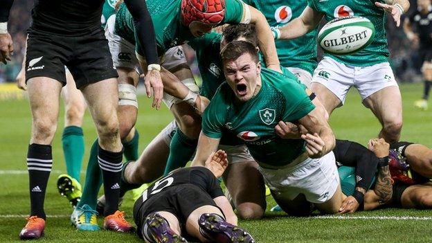 A high point for Jacob Stockdale as he celebrates scoring the only try in Ireland's historic Dublin win over the All Blacks in 2018