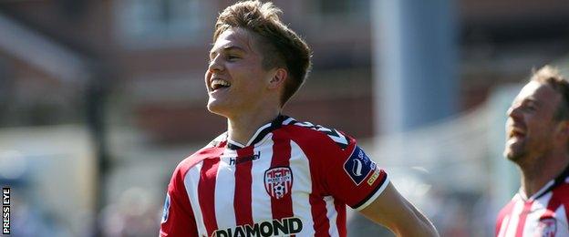 Derry City winger Joshua Daniels celebrates a goal