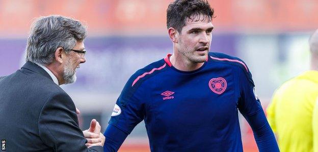 Hearts manager Craig Levein congratulates scorer Kyle Lafferty