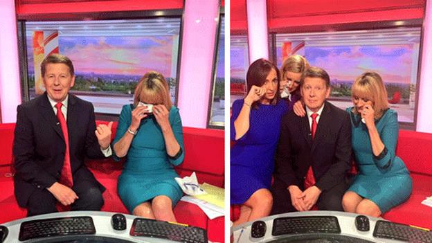 Bill Turnbull on the sofa with his tearful team Louise Minchin, Sally Nugent and Steph McGovern