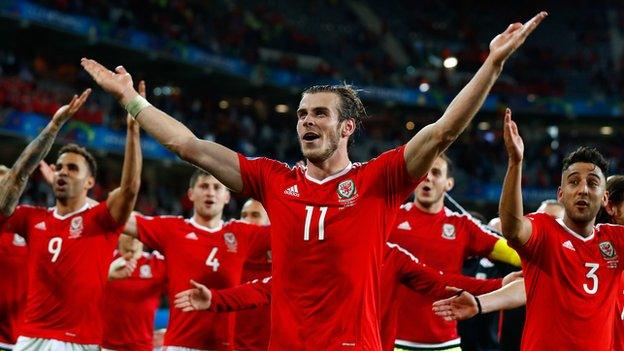 Gareth Bale (centre) celebrates with Wales team-mates