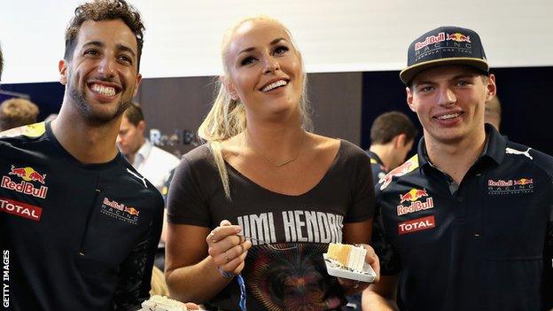 Daniel Ricciardo, Lindsey Vonn and Max Verstappen