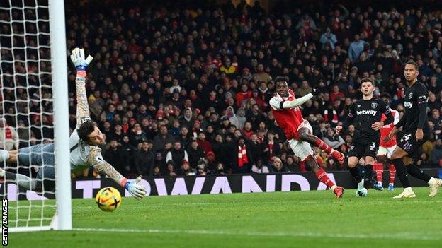 Eddie Nketiah scores Arsenal's third goal against West Ham