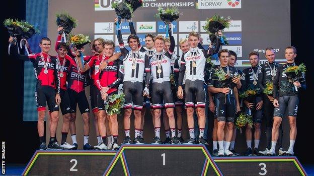 Team Sunweb celebrate victory in the team time trial