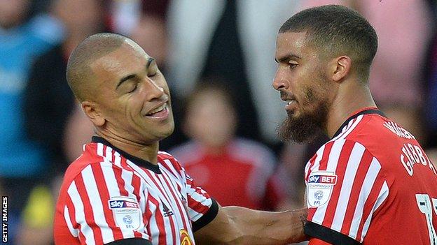 James Vaughan (left) and Lewis Grabban celebrate a goal for Sunderland