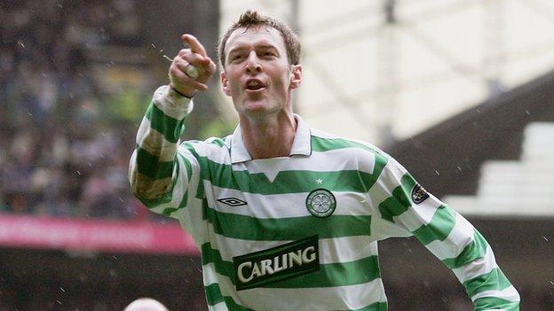 Chris Sutton celebrates scoring for Celtic against Rangers