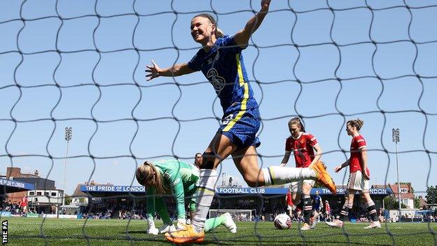 Pernille Harder celebrates after scoring on the final day of the season