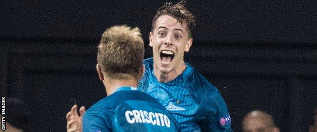 Luka Dordevic celebrates scoring for Zenit St Petersburg