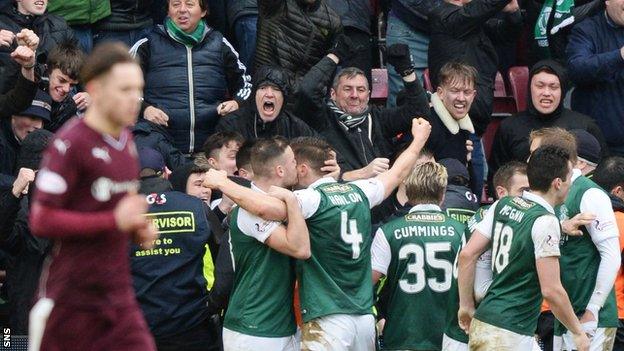 Hibs players celebrate with their fans