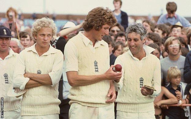 Geoffrey Boycott, David Gower, Bob Willis and Mike Brearley after the 1981 Ashes triumph