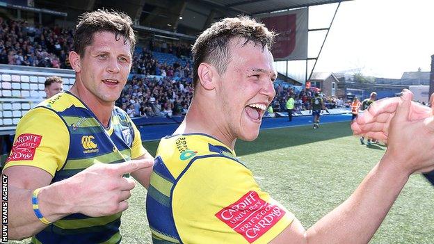 Blues' Jarrod Evans and Lloyd Williams celebrate beating Pau