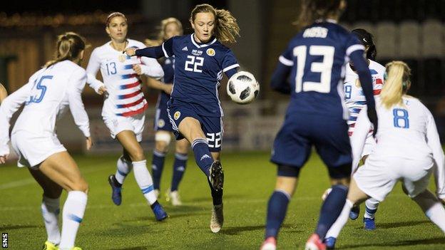 Erin Cuthbert playing for Scotland against the United States