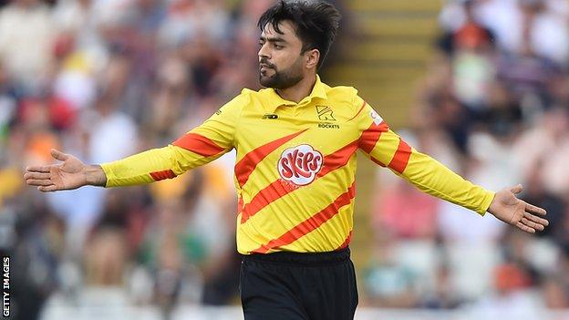 Rashid Khan celebrates taking a wicket for Trent Rockets