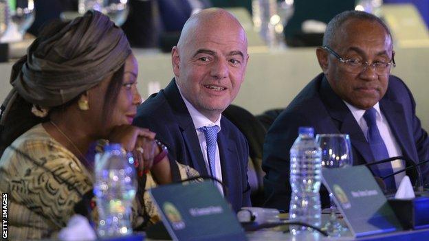 Fifa Secretary General Fatma Samoura (left), Fifa President Gianni Infantino (centre) and former Confederation of African Football President Ahmad Ahmad (right).