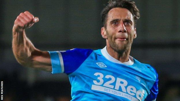 Sam Baldock celebrates a goal for Derby County