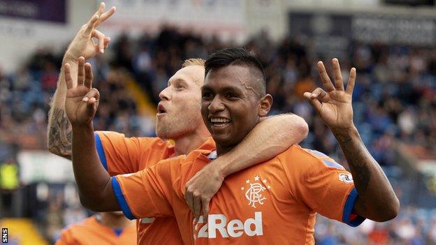 Rangers' Alfredo Morelos celebrates scoring a hat-trick against Kilmarnock