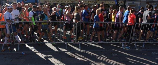 People at the start of the Cardiff Half Marathon