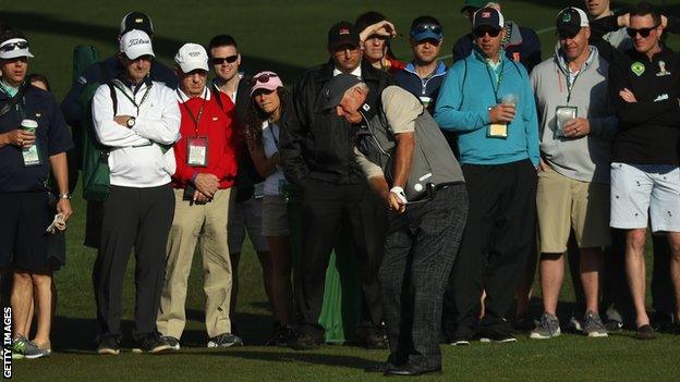 Sandy Lyle plays a shot on the second hole at the 2018 Masters