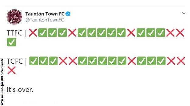 Taunton Town Twitter feed of penalty shootout