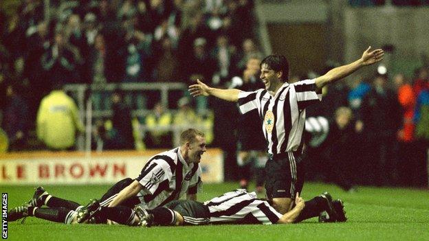 Philippe Albert celebrates scoring against Manchester United in 1996