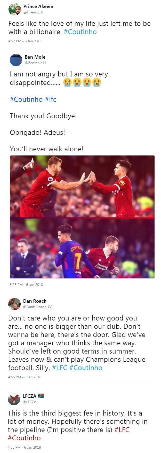 Liverpool fans react to Coutinho leaving