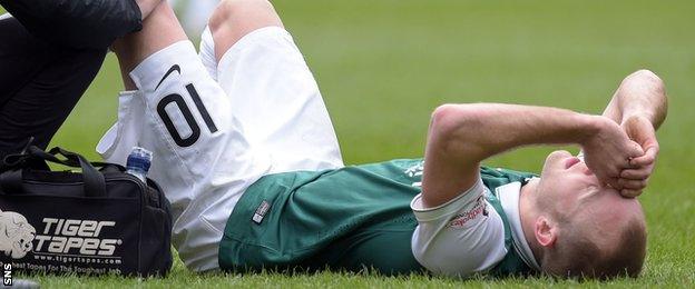 Hibs midfielder Dylan McGeouch receives treatment during their Scottish cup quarter-final against Inverness