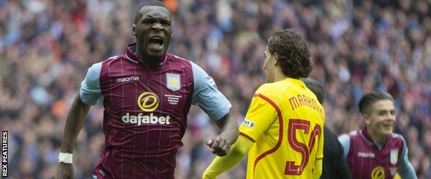 Christian Benteke celebrates scoring for Aston Villa against Liverpool