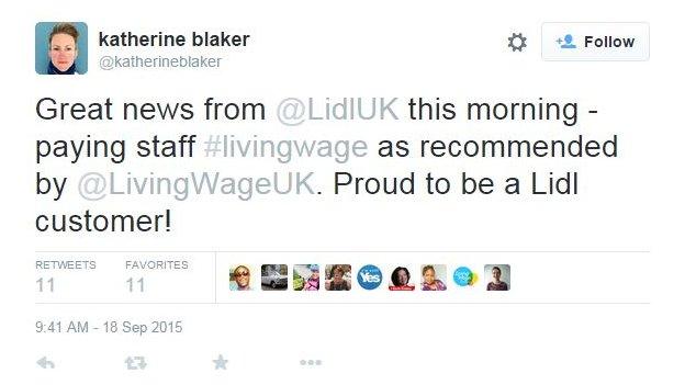 @katherineblaker tweets Great news from @LidlUK this morning - paying staff #livingwage as recommended by @LivingWageUK. Proud to be a Lidl customer!