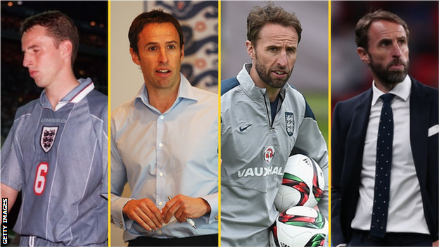 Gareth Southgate (left to right) - in different England roles in 1996, 2011, 2015 and 2021