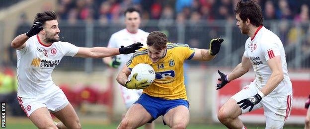 Ultan Harney of Roscommon with Tiernan McCann and Ronan McNamee of Tyrone