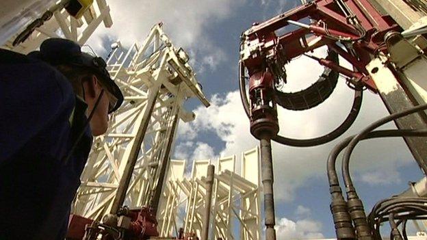 Fracking workers looking at drill