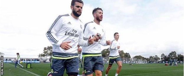 Sergio Ramos, centre, training with Madrid on their pre-season tour of Australia