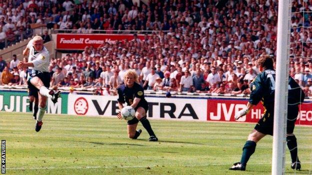 Paul Gascoigne scores England's second goal against Scotland