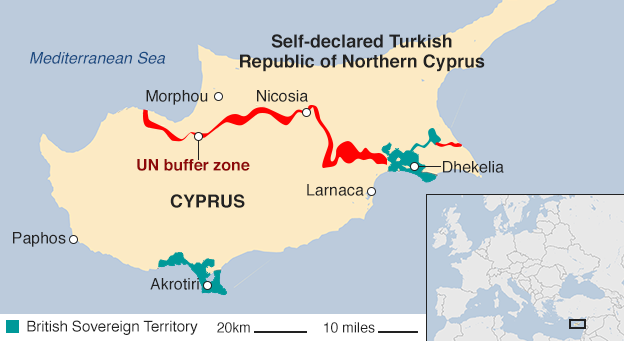 Map of Cyprus showing the Turkish and Cypriot sides