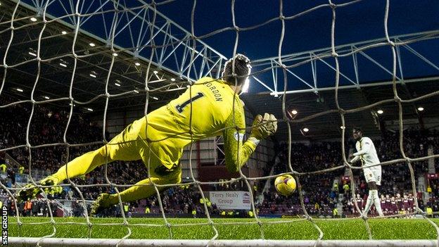 Craig Gordon stops Ayo Obileye's penalty kick