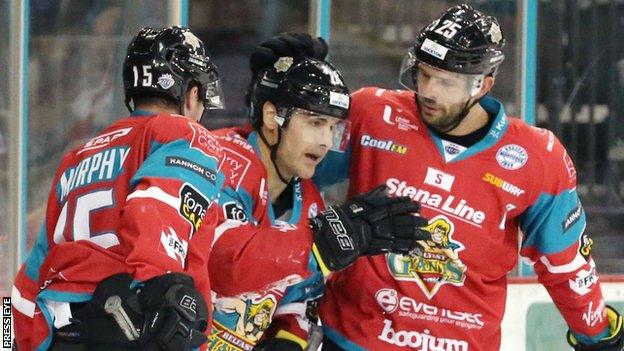 Jonathan Ferland (centre) after scoring for Belfast Giants against Edinburgh on Saturday night