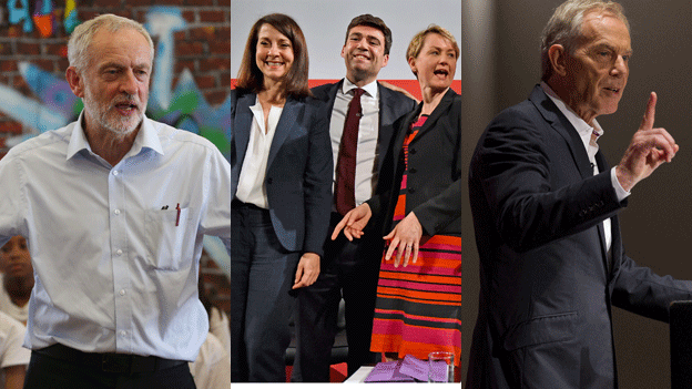 Jeremy Corbyn (left), Liz Kendall, Andy Burnham and Yvette Cooper (centre) and Tony Blair (right)