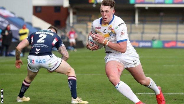 Leeds teenager Jack Broadbent ran in his first Super League try for the club against Wakefield on only his fourth appearance