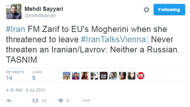 Mehdi Sayyari tweet saying: "#Iran FM Zarif to EU's Mogherini when she threatened to leave #IranTalksVienna: Never threaten an Iranian/Lavrov: Neither a Russian. TASNIM"