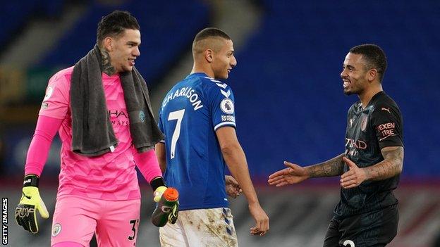 Brazil's Ederson (left) and Gabriel Jesus (right), who play for Manchester City, with compatriot Richarlison, who plays for Everton