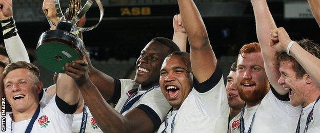 Maro Itoje and Joel Conlon celebrate winning the World Junior Championship in New Zealand in 2014