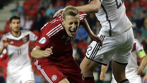 Nicolai Brock-Madsen played for Denmark Under-21s against Germany in June at the Eden Stadium, Prague