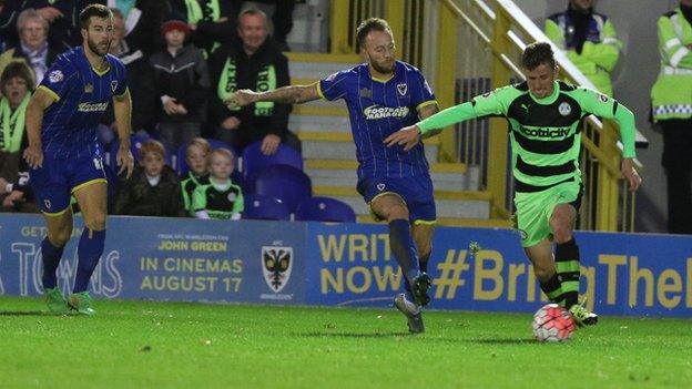 Elliot Frear lines up his late winner for Forest Green Rovers