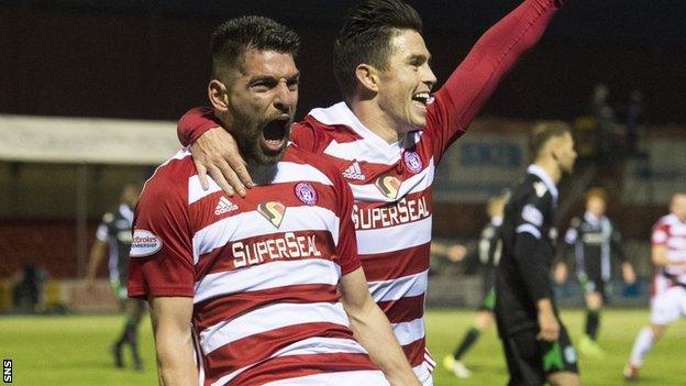 Antonio Rojano celebrates scoring for Hamilton Academical against Hibernian