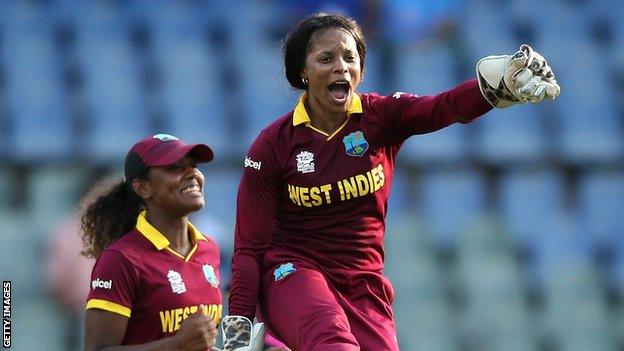 Merissa Aguilleira celebrates a wicket at the World T20 in 2016