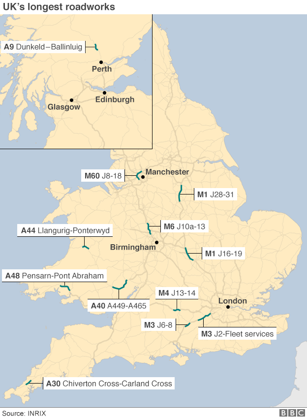 A map showing the location and length of the UK's longest roadworks