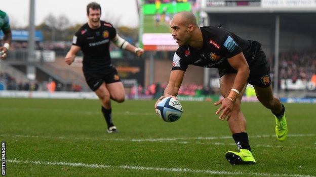 Olly Woodburn scores a try for Exeter against Newcastle