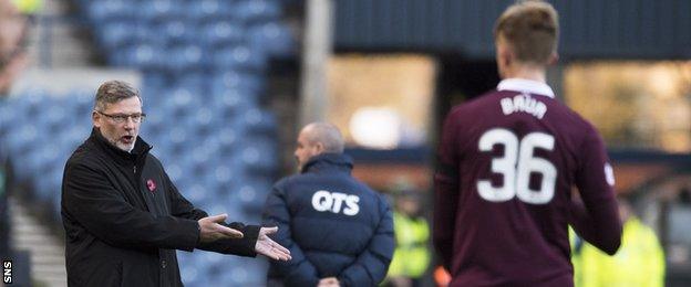 Hearts manager Craig Levein passes on instructions to Daniel Baur