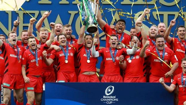 Saracens celebrate winning the Champions Cup